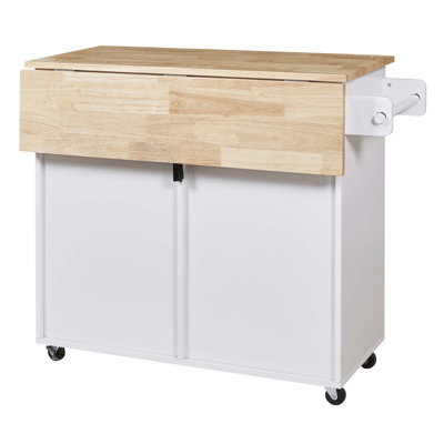 Îlot de cuisine roulant avec rangement, chariot de cuisine avec plateau en bois d'hévéa, tiroir spacieux avec cloison et support de rangement interne, îlot de cuisine sur roulettes avec support de tour réglable