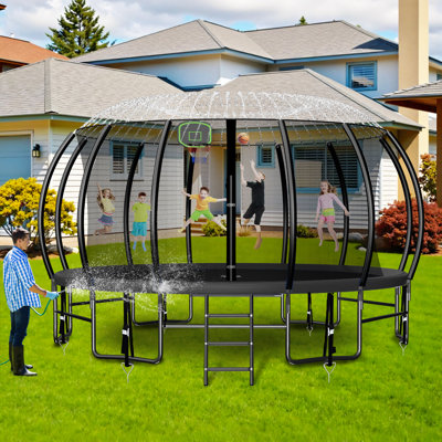 16ft Round Backyard Trampoline With Safety Enclosure Net Basketball Hoop Bonus Sprinkler And Led Lights, Outdoor Recreational Trampoline