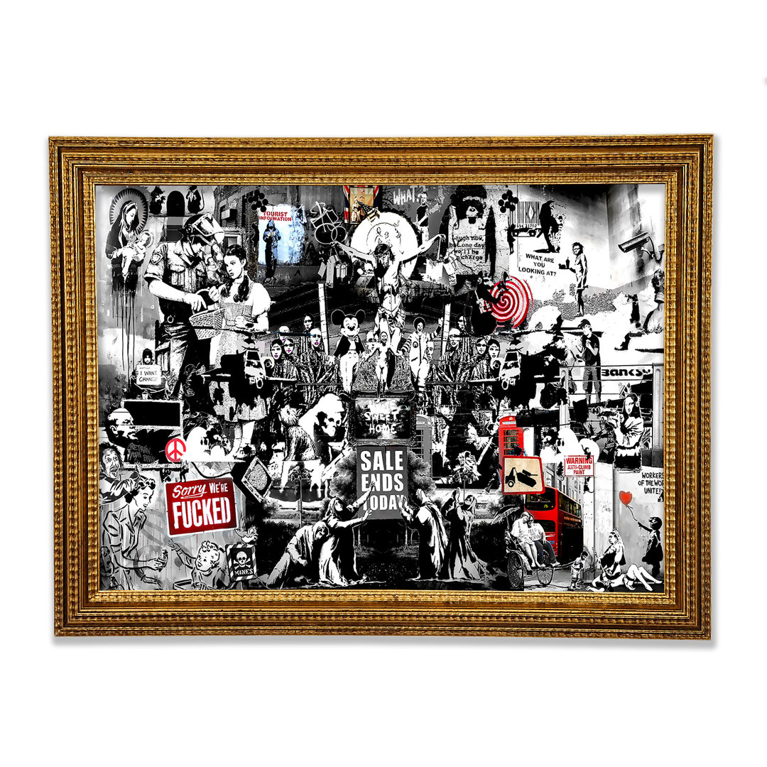 Banksy Collage 1 B N W - Einzelner Bilderrahmen Kunstdrucke