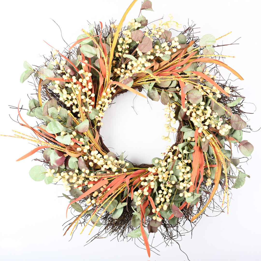 24" Artificial Eucalyptus Berry Thanksgiving Front Door Fall Wreath Primrue