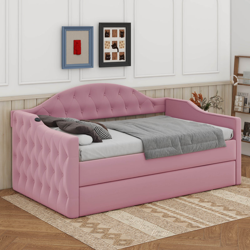 Twin Tufted Velvet Upholstered Daybed With Trundle, Pink