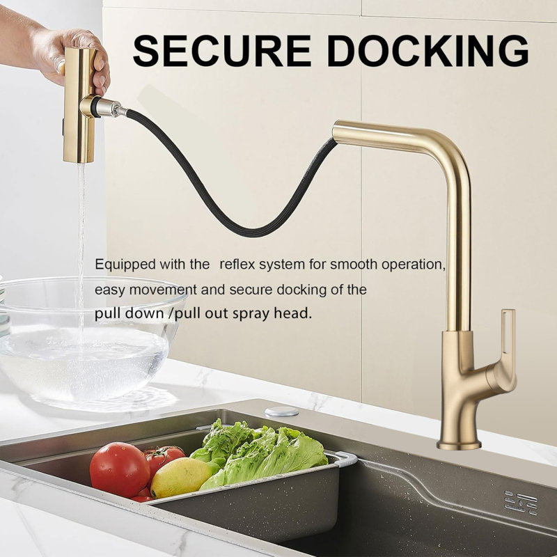Robinet de cuisine cascade or brossé avec douchette extractible, robinet d'évier de cuisine à poignée simple avec douchette extractible, robinet de cuisine rotatif à 360 °