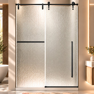 Porte de douche coulissante simple sans cadre de 44 à 48 po x H 76 po avec verre 1/4 po et film antidéflagrant, poignée noire