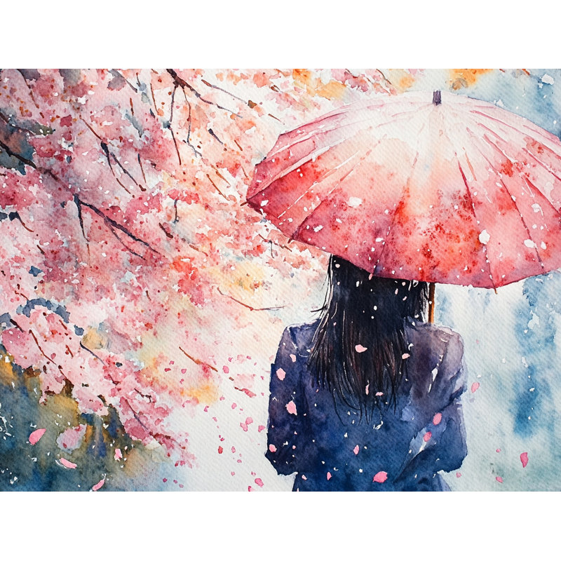 «Cherry Blossom Rain I - Graceful Girl with Umbrella», art mural, H 24 po x l 36 po
