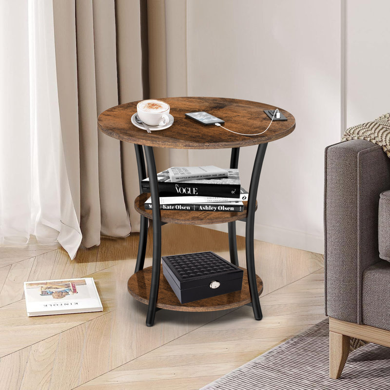 Jalane Tall End Table with 2 USB Ports, 2 Power Outlets, and 3-Tier Storage Shelves, Rustic Brown/Black