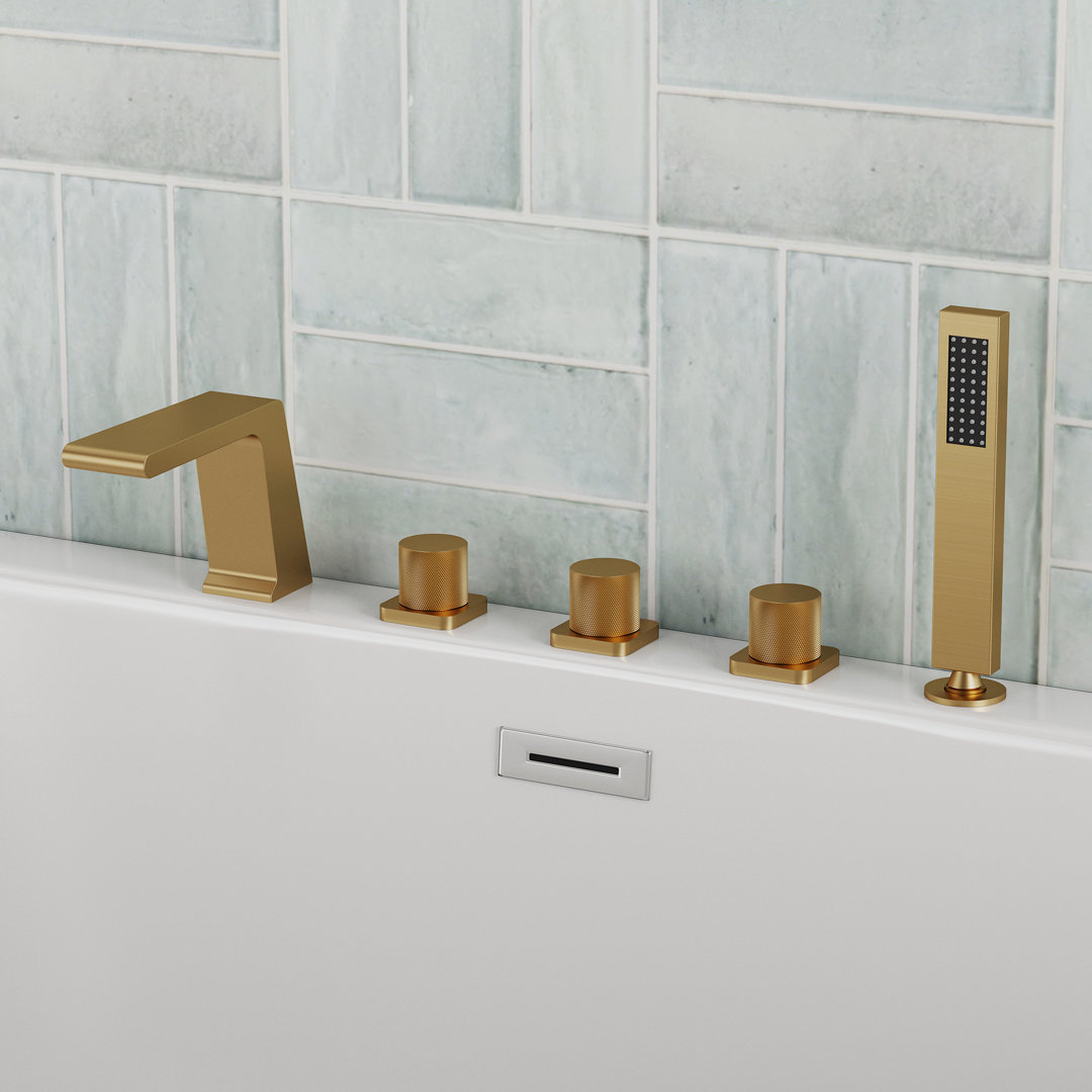 Modern Square Deck Mounted Roman Tub Filler with Handheld Shower EVERSTEIN 