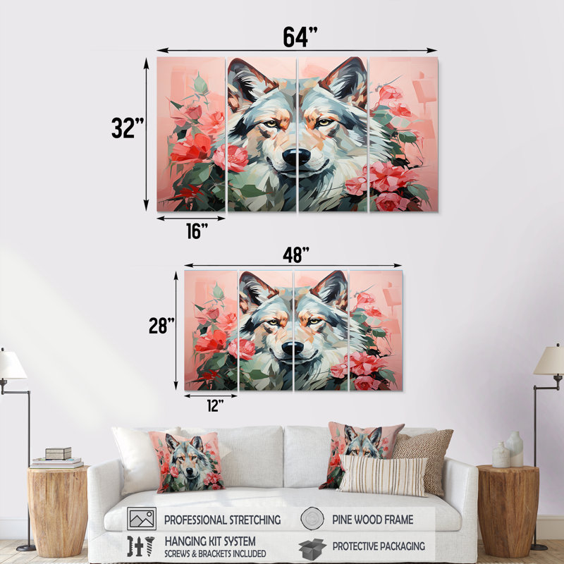 «Rose and Green Boho Wolf Portrait IV - Wolf», art mural sur toile, H 28 po x l 48 po