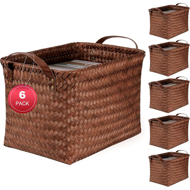 Ensemble de 6 paniers de rangement pour la lessive imperméables, 15 bacs de rangement tissés avec poignées en cuir pour les tablettes, le placard, la salle de bain, la chambre à coucher et l'organisation à la maison
