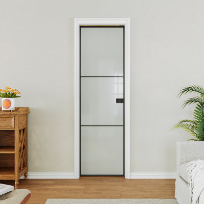 Interior Sliding Door 3-Lite Frosted Glass Aluminun Packet Door Black Finished With Aluminun Jamb And Knob