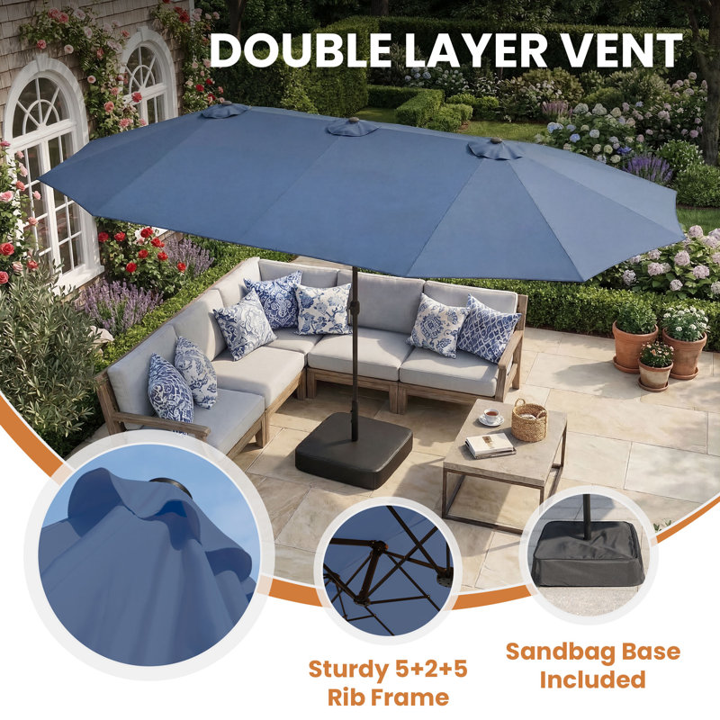 Outdoor Rectangular 6-Person Dining Set With Umbrella & Stackable Textilene Chairs, Brown/Blue