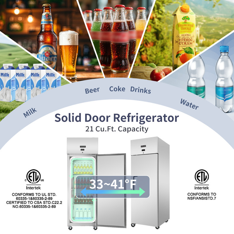 VITLIFE 27’’W Commercial Reach-in Refrigerator, Single Door, Auto-Defrost, 21cu.ft. Top Mounted,Stainless Steel Upright Refrigerator for Restaurant, Bar, Shop, 33°F to 41°F 