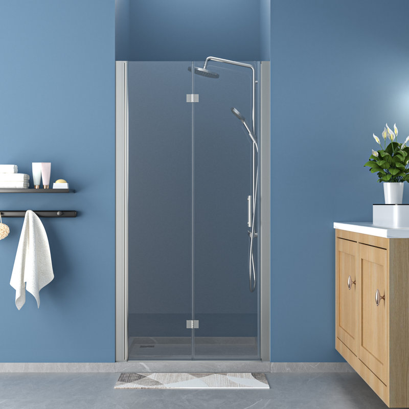 34 in.W x 72 in.H Bifold Frameless Glass Shower Door 1/4 in. Fold Glass Pivot Swing Shower Door, Brushed Silver
