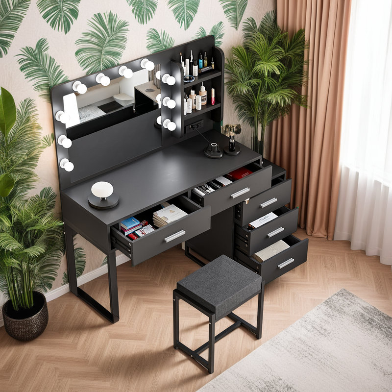 Bureau de meuble-lavabo lumineux avec miroir 3 couleurs, prises de courant et tiroirs spacieux