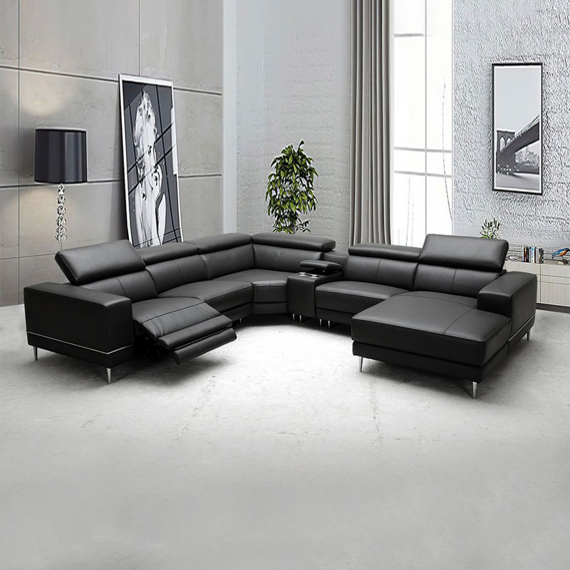 Canapé modulaire inclinable en cuir véritable de 153 po de largeur, Accoudoir à droite (vu de face)