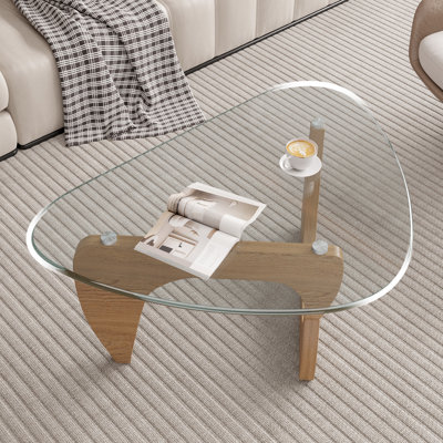 Modern Triangle Coffee Table, Tempered Glass Top & Curved Wooden Base for Living Room