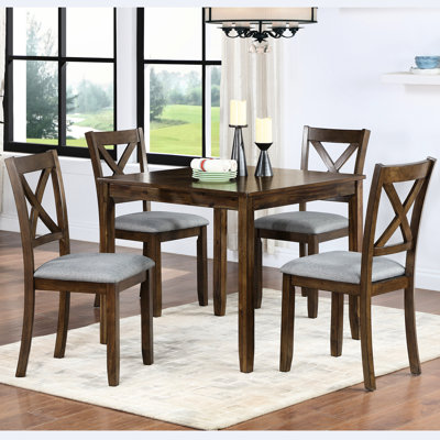 Élégante table de salle à manger en noyer pour 5 personnes et 4 chaises rembourrées, table carrée, pieds stables, idéale pour les salons modernes, capacité de poids élevée en bois massif, coussins moelleux, super petits espaces