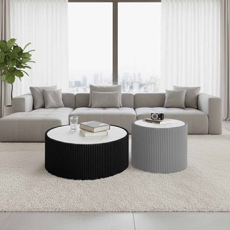  Table de bout moderne en forme de cylindre avec canapé en cuir pour meubles de salon, Gris