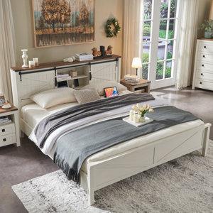 Arrin Farmhouse Bed Frame with Charging Station and 2-Tier Storage Headboard, Sliding Barn Door (incomplete 1 box only)