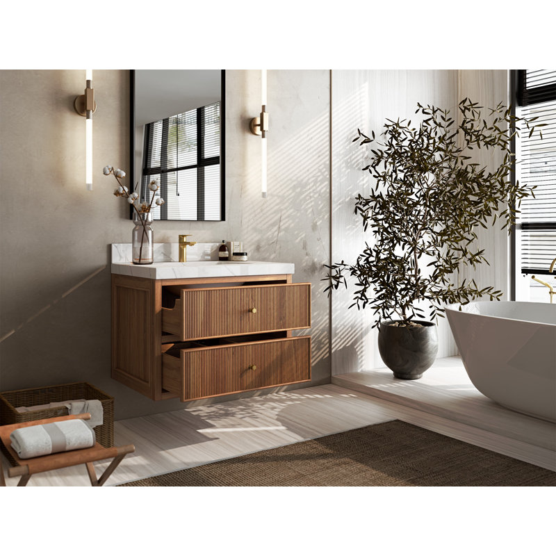 Sonoma Floating Teak 30'' Single Bathroom Vanity with Quartz Top, Calacatta Laza