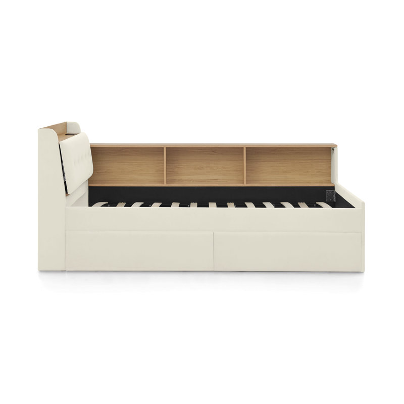 Twin Size Upholstery Velvet Day Bed With Storage Headboard And Wireless Charging, Multi-Functional Daybed With Two Storage Drawers & Led Lights