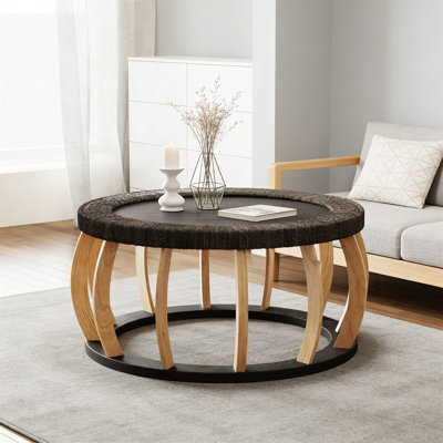 Vintage Boho Round Coffee Table, Solid Wood Frame With Natural Rattan Wrapped, Curved Leg Accent Table For Living Room