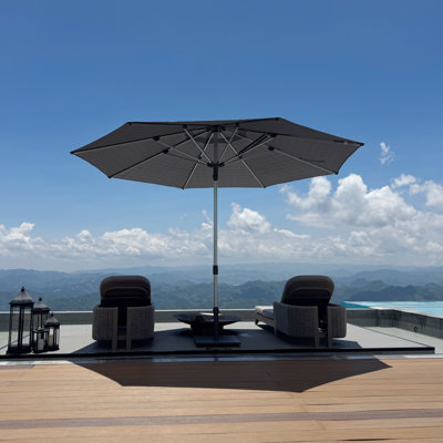Parasol de marché rond semi-automatique 11,5 pi, pôle argent, rond, de luxe, pour piscine de jardin avec terrasse, gris