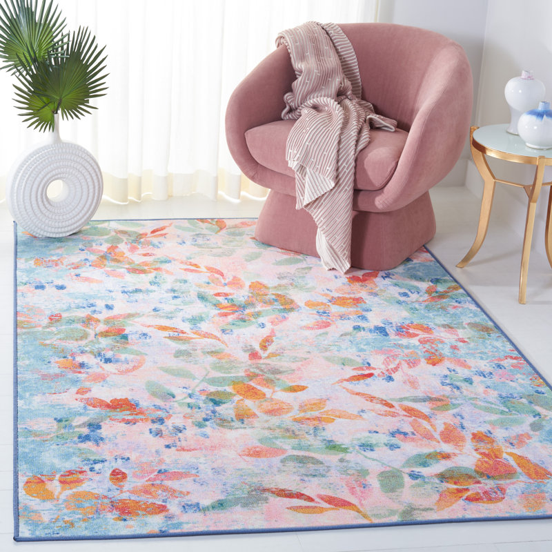 Blush Pink and Green Abstract Synthetic 9' x 12' Area Rug
