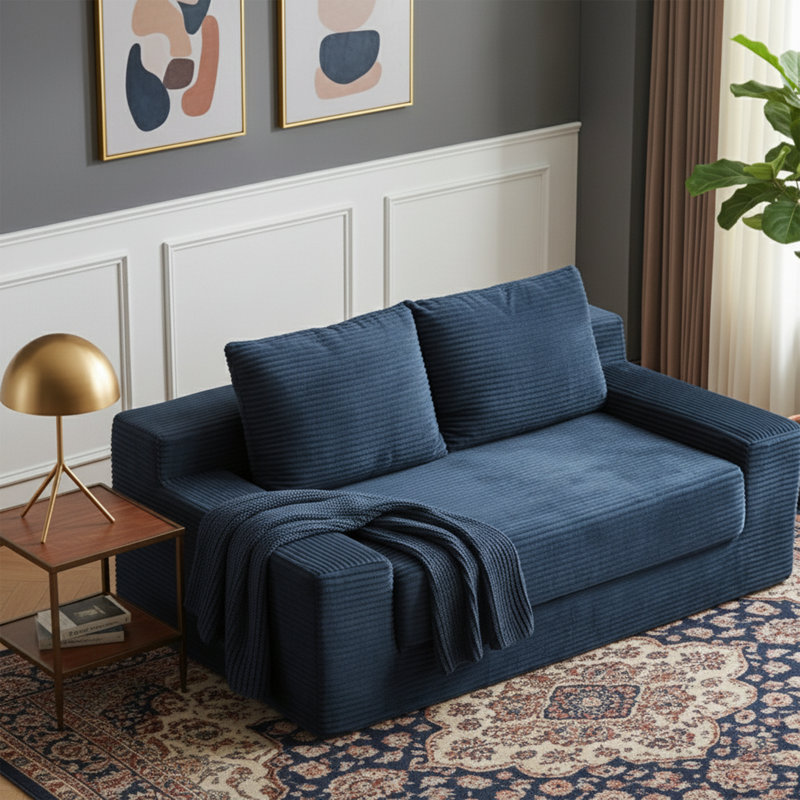Causeuse surdimensionnée en velours côtelé de 71,6 po, canapé en mousse à mémoire de forme haute densité avec coussins, bleu
