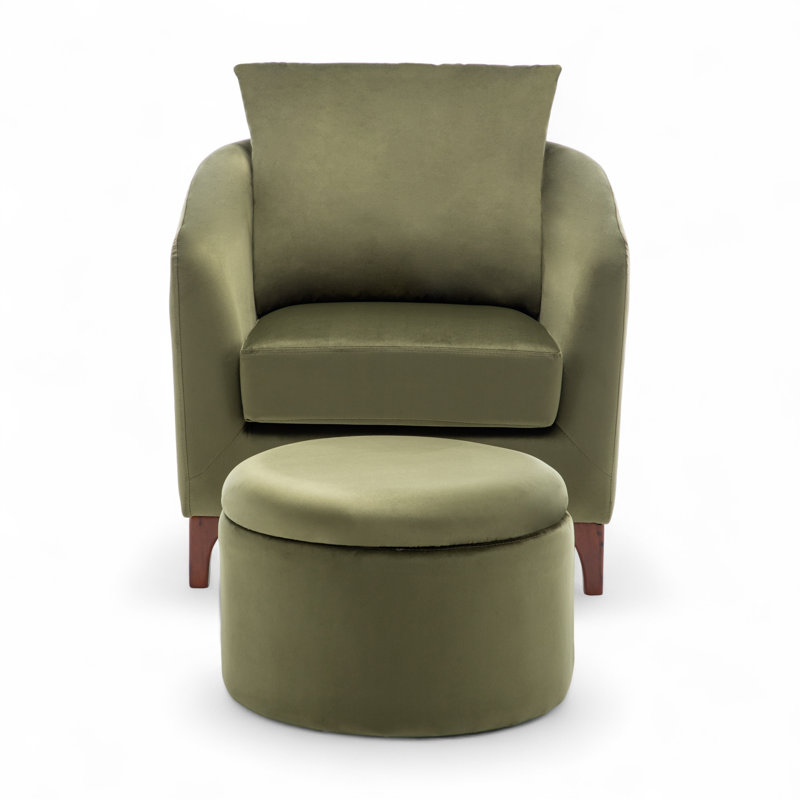 Upholstered Barrel Chair with Footstool, Green Velvet
