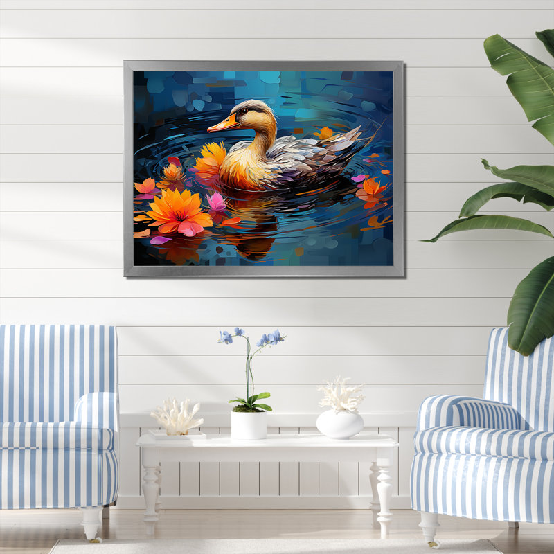 «Yellow and Blue Duck» par The Floral Pound I - Art mural animal canard, Cadre flottant noir, H 24 po x l 32 po x P 1 po