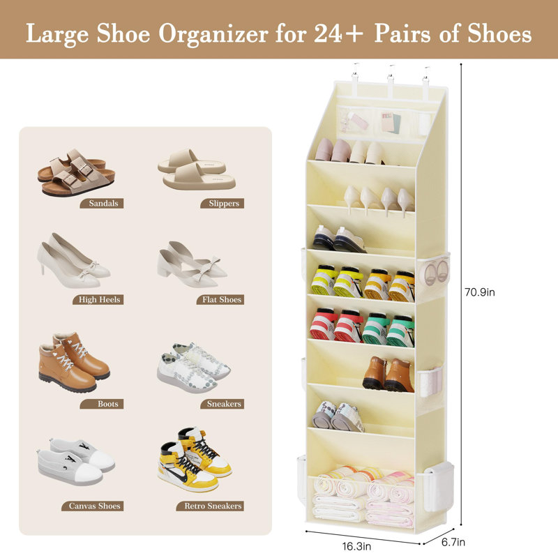 Organisateur de chaussures au-dessus de la porte, organisateur de chaussures de penderie avec grandes poches profondes, peut contenir 16 à 24 paires de chaussures de sport, de sandales et de bottes