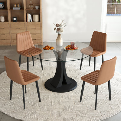 Modern Round Glass Pedestal Dining Set for Kitchen, Dining Room, Apartment