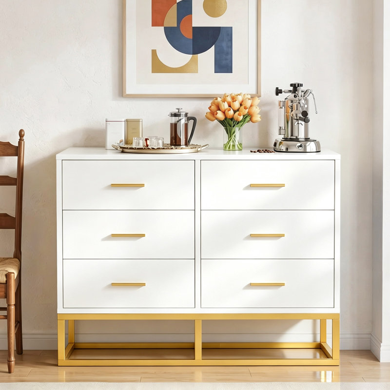Grande commode buffet moderne à 6 tiroirs avec pieds en métal doré 39,3 po, Blanc
