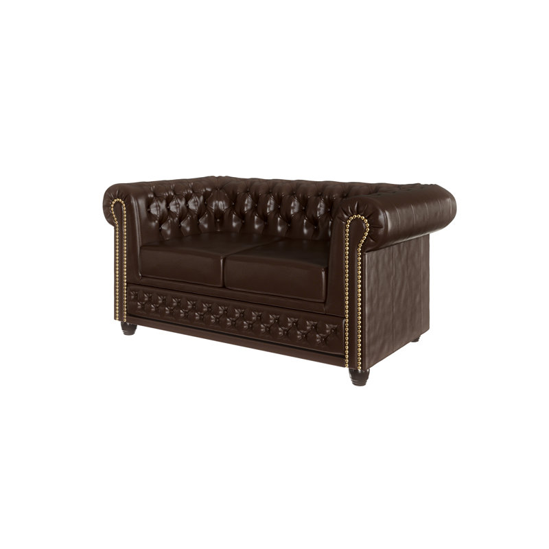 Chesterfield  Sofa 2 Seater Made of Vegan Leather with Solid Wood Legs, Brown