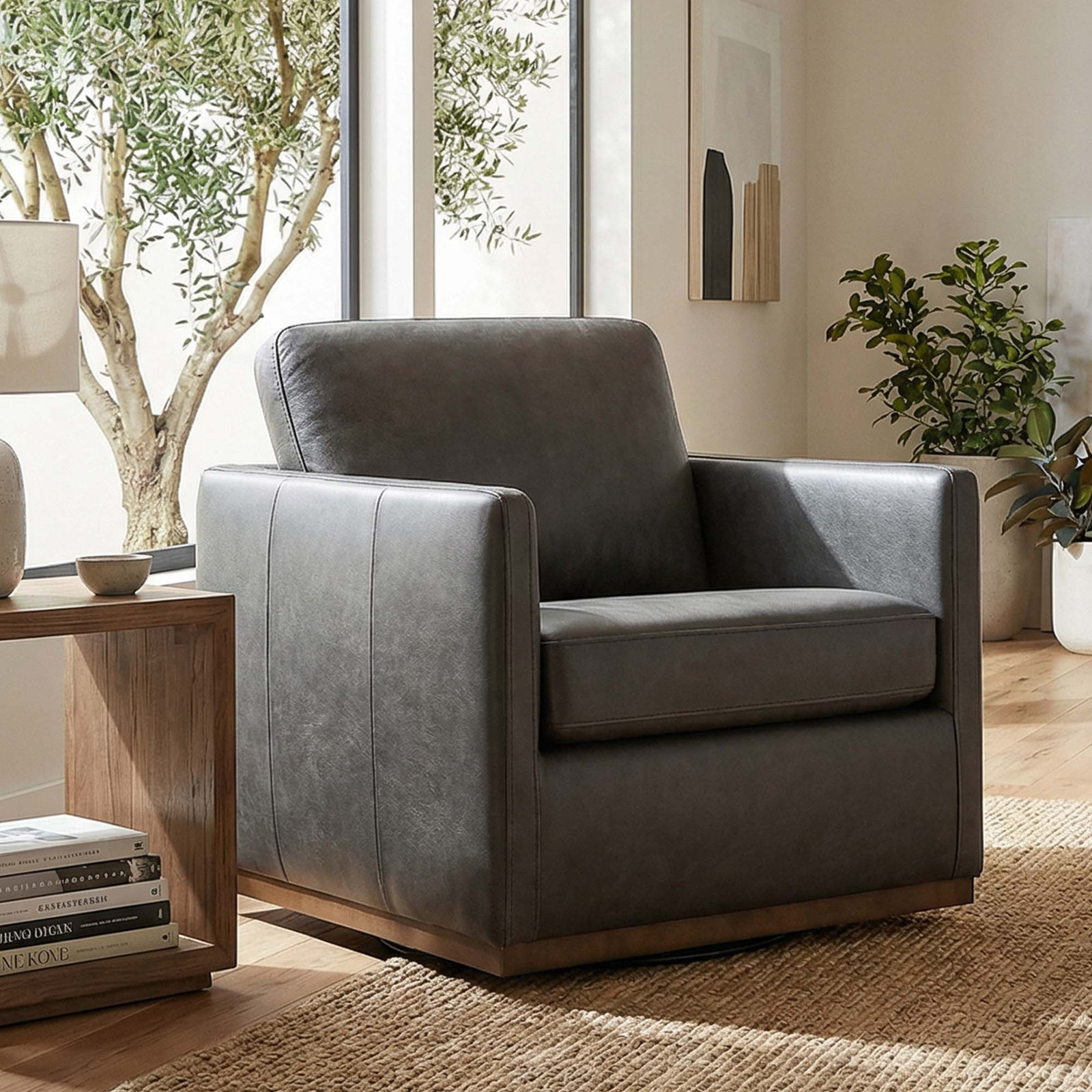 Bobbi Genuine Leather Swivel Chair, Marseille Black Genuine Leather