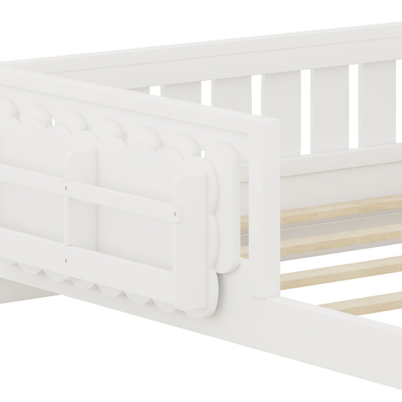 Lit plateforme peu encombrant avec garde-corps et tablette de rangement, Blanc, Lit double