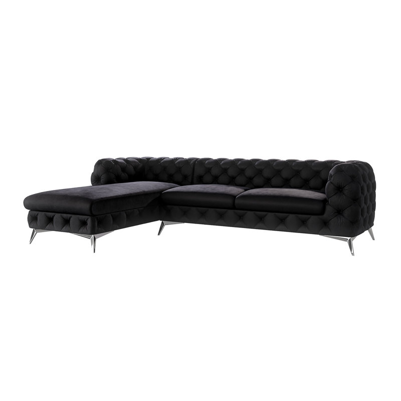 Chesterfield Corner Chaise Sofa  with Silver Metal Legs, Left Hand Facing, Black