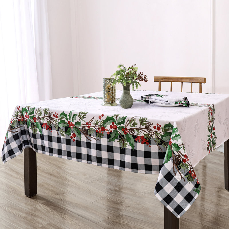 Kamesha Holly Farmhouse Charm Holiday Fabric Tablecloth, 102" x 60"