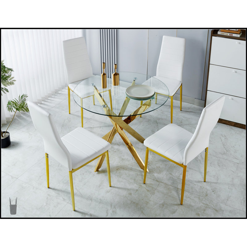 Ensemble de salle à manger de style Mid-Century avec pieds en métal, pour 4 à 6 personnes et table basse, Blanc / argenté