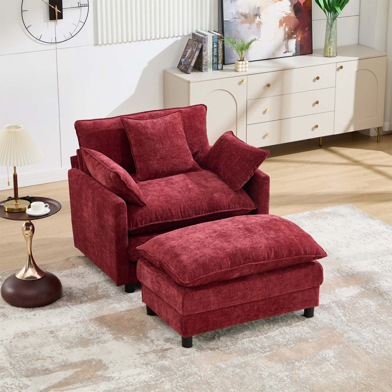 Fauteuil d'appoint moderne avec repose-pieds, revêtu de chenille rouge bourgogne, idéal pour la lecture au salon ou dans la chambre.