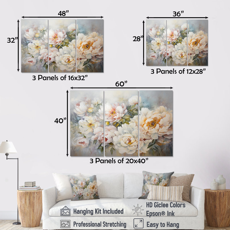 Ensemble de décoration murale pivoines blanches - pivoines, Toile tendue, H 32 po x l 48 po x P 1 po