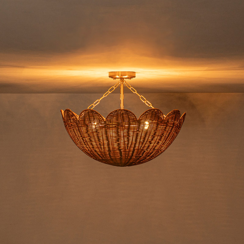 3-Light Rattan Flower-Shape Semi-Flush Mount