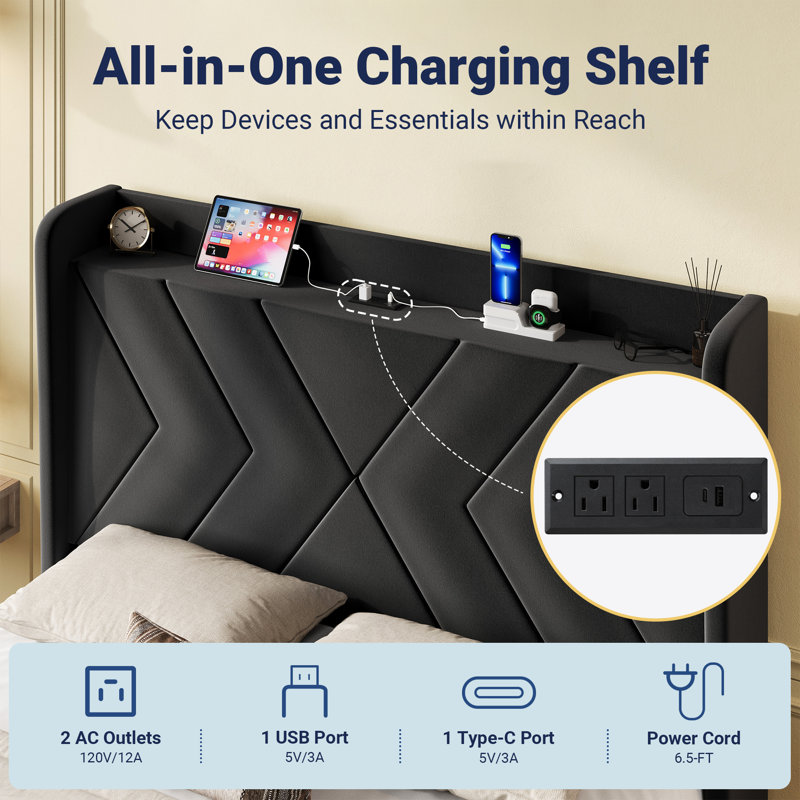 Upholstered Velvet Bed Frame With Storage Headboard And Charging Station, Full, Black