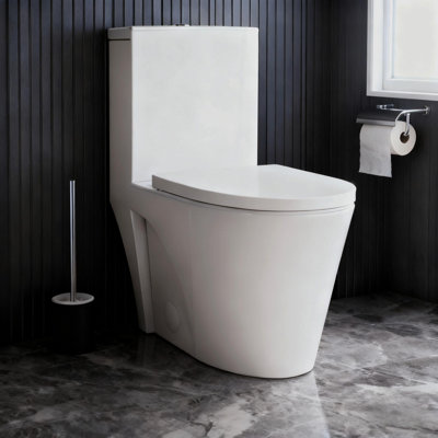 Toilette allongée une pièce à double chasse 11 / 1,6 GPF Momei, conception moderne au sol avec siège à fermeture en douceur