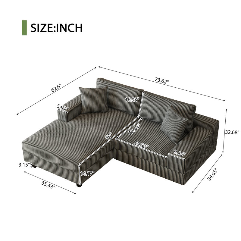 Canapé modulaire en velours côtelé 2 pièces 73,62 "avec ensemble de méridienne et coussins, Velours côtelé gris