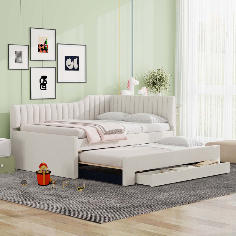 Upholstered Daybed With Trundle And Three Drawers, Beige, Full/Double