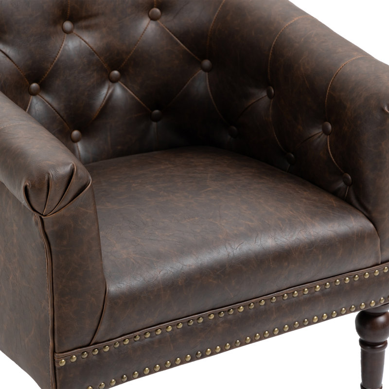 Edvardas Upholstered Chocolate Faux Leather Tufted Barrel Club Chair with Nailhead Trim, Chocolate Faux Leather