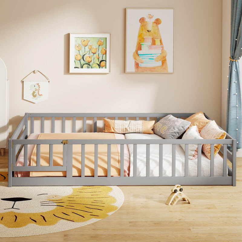 Full Size Floor Bed with Full Length Safety Guardrails & Door for Boys, Girls Gray, Gray