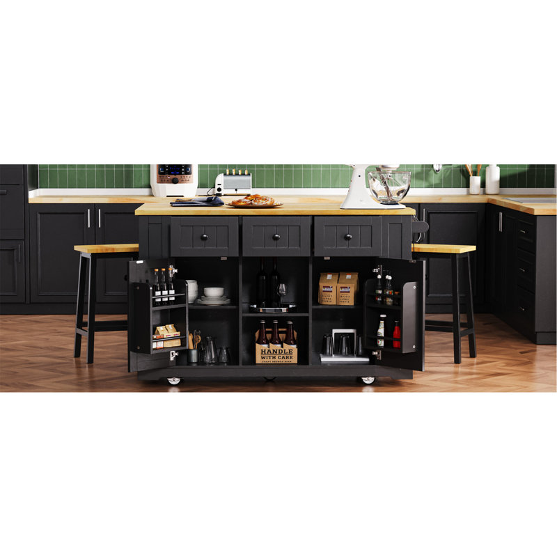 53Inch Large Kitchen Island With 2 Bar Stools, Power Outlet,Door Internal Storage Rack, Kitchen Storage Cart On 5 Wheels With Drop Leaf, 5 Open Side Racks, 3 Drawers,Black (Three Packages)