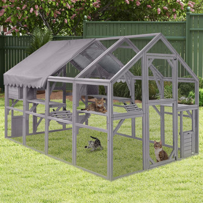 Large Catio Outdoor Cat Enclosures Wooden Cat House With Sleeping Houses, Bridges, Walks, Uv Proof Cover 74" H 110" L